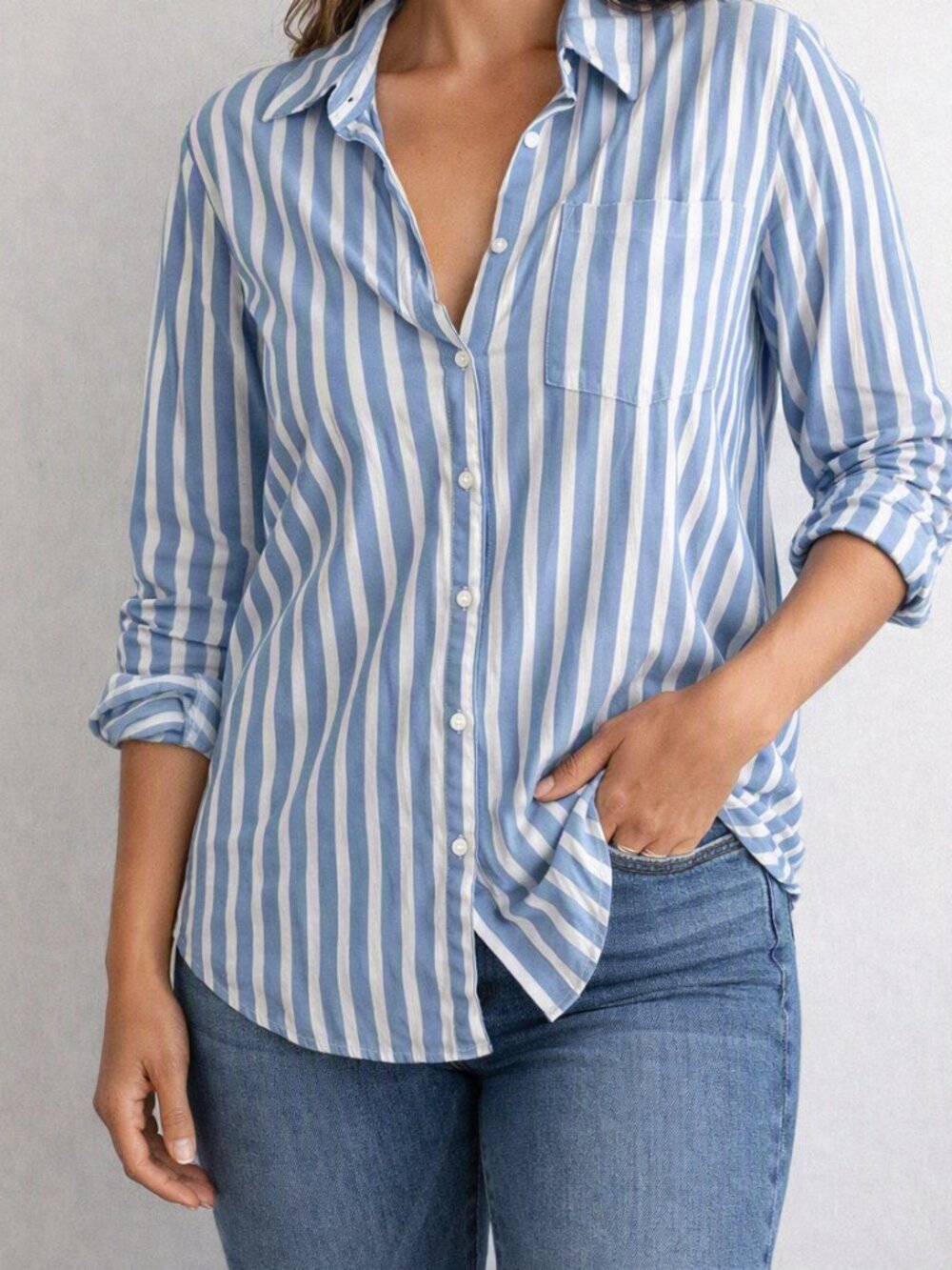 Torrid Blue & White Stripe Poplin Button Up Long Sleeve Shirt Torrid Size 2 (18)